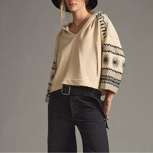 Embroidered tan cropped cotton hooded sweater size large